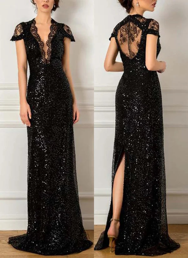 Stunning Black Sequin Mermaid Evening Gown with Lace V-Neck and Slit Mother of the Bride Dress
