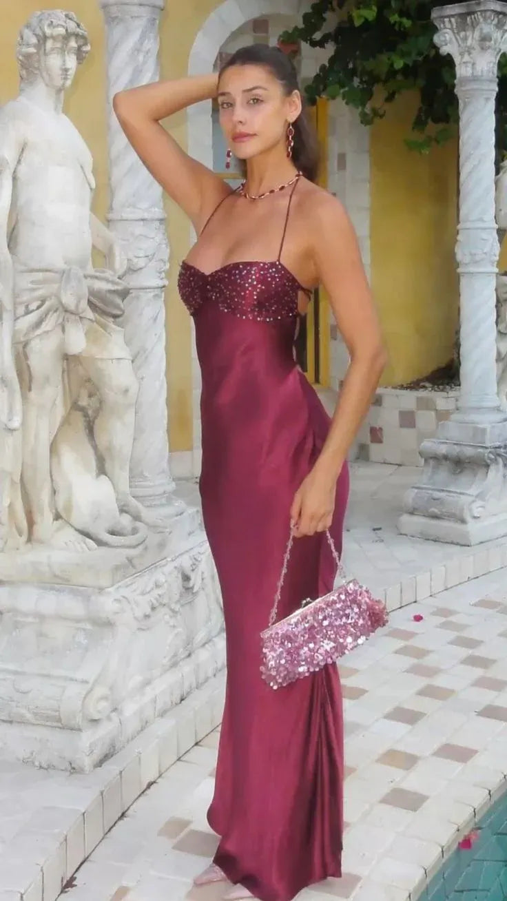 Stunning Mermaid Spaghetti Strap Lace-Up Back Beaded Bustier Floor-Length Satin Evening Gown