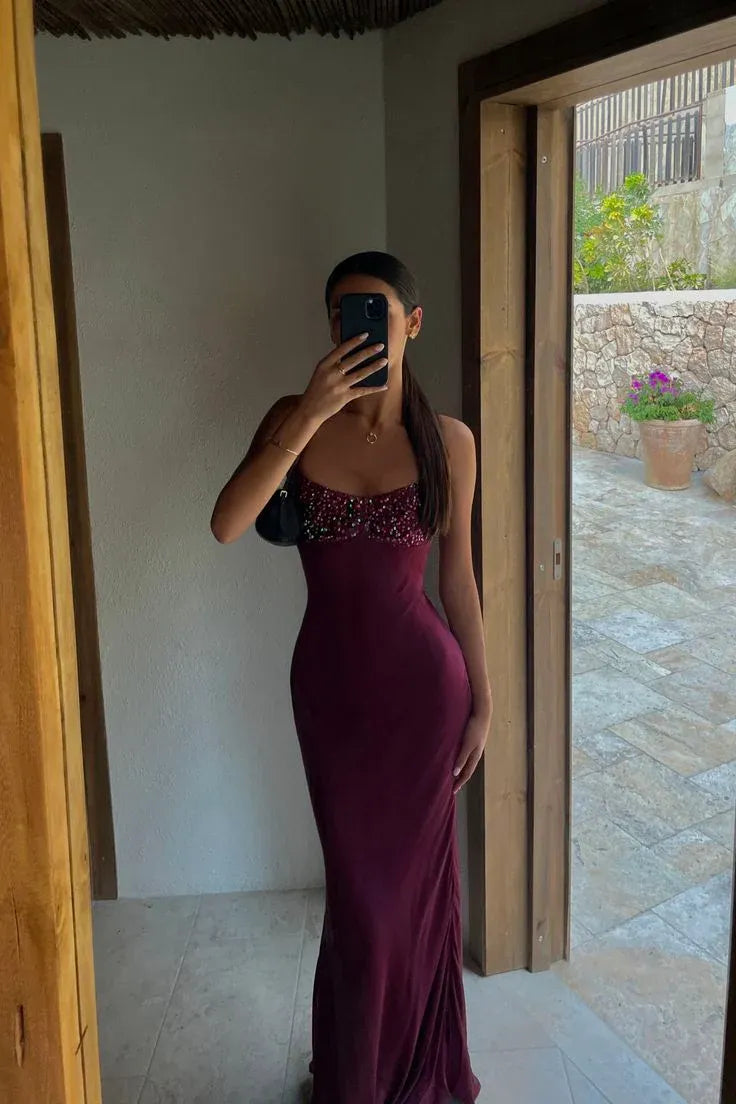 Stunning Mermaid Spaghetti Strap Lace-Up Back Beaded Bustier Floor-Length Satin Evening Gown