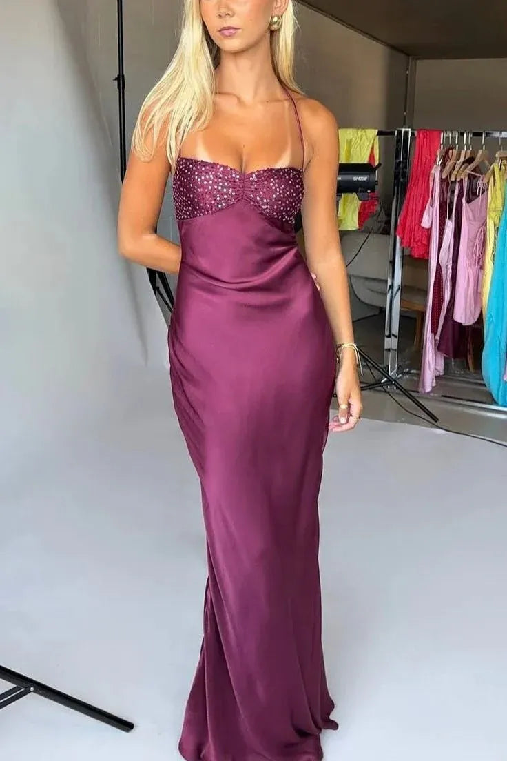 Stunning Mermaid Spaghetti Strap Lace-Up Back Beaded Bustier Floor-Length Satin Evening Gown