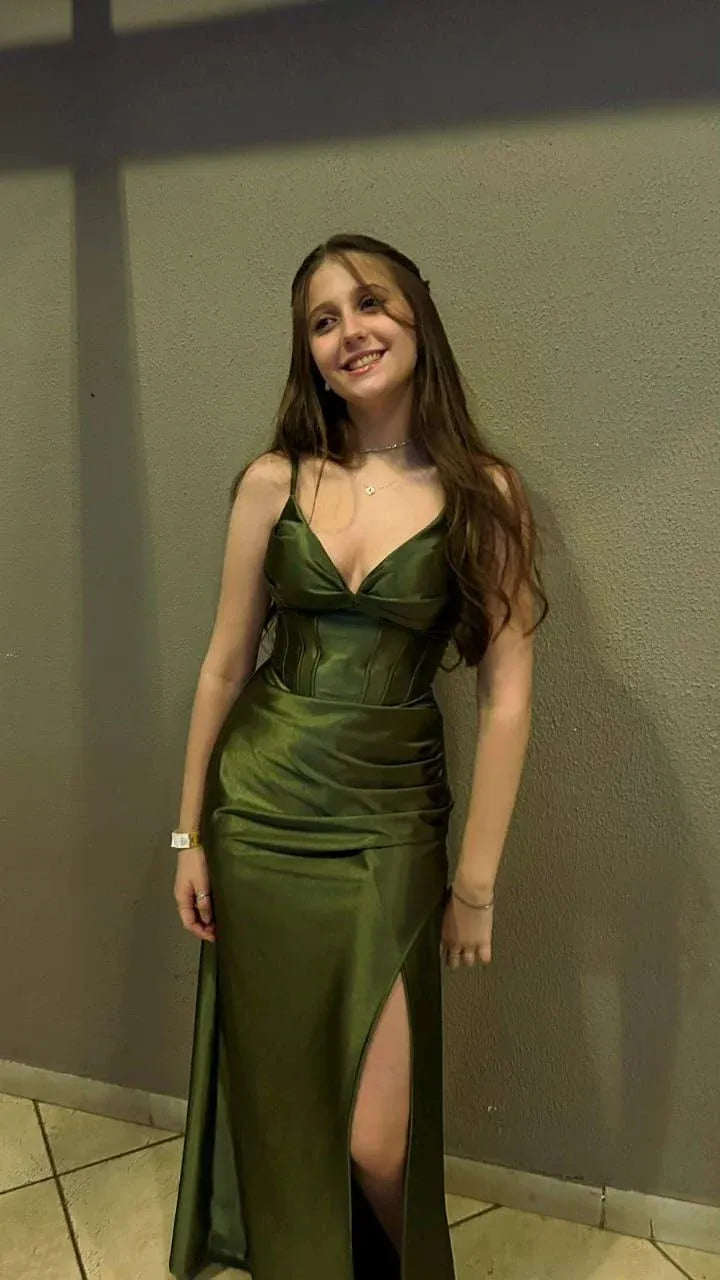 Stunning Mermaid Spaghetti Strap V-Neck Corset High Slit Floor-Length Prom Dress