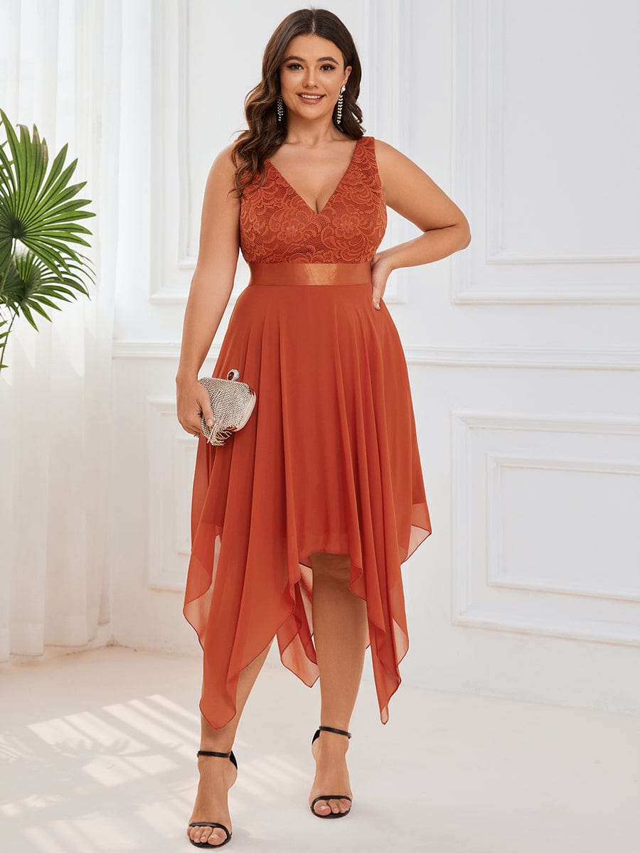 Model wearing a burgundy plus size V-neck lace prom dress.