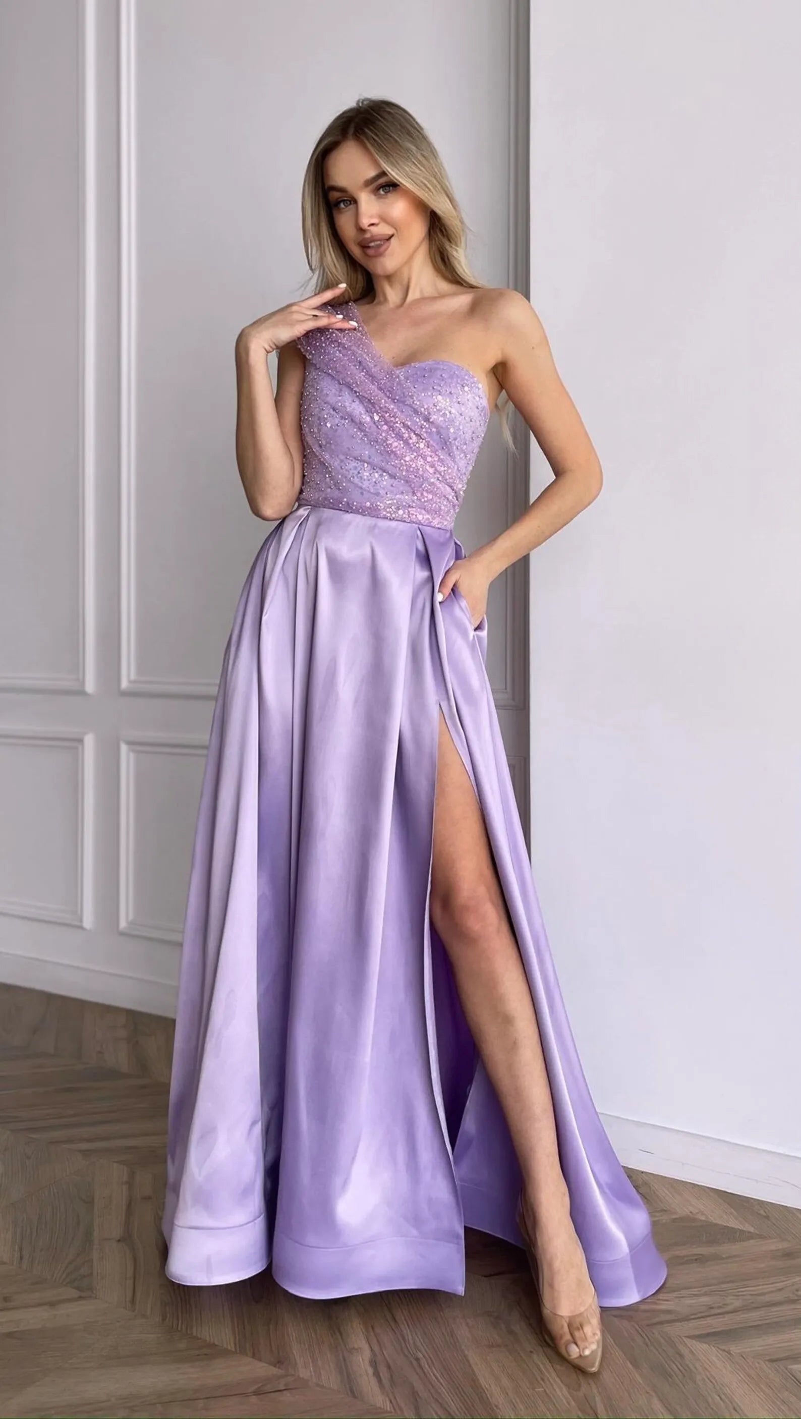 Stunning A-Line One-Shoulder Beaded Sequin Lavender Long Prom Dress With Pockets