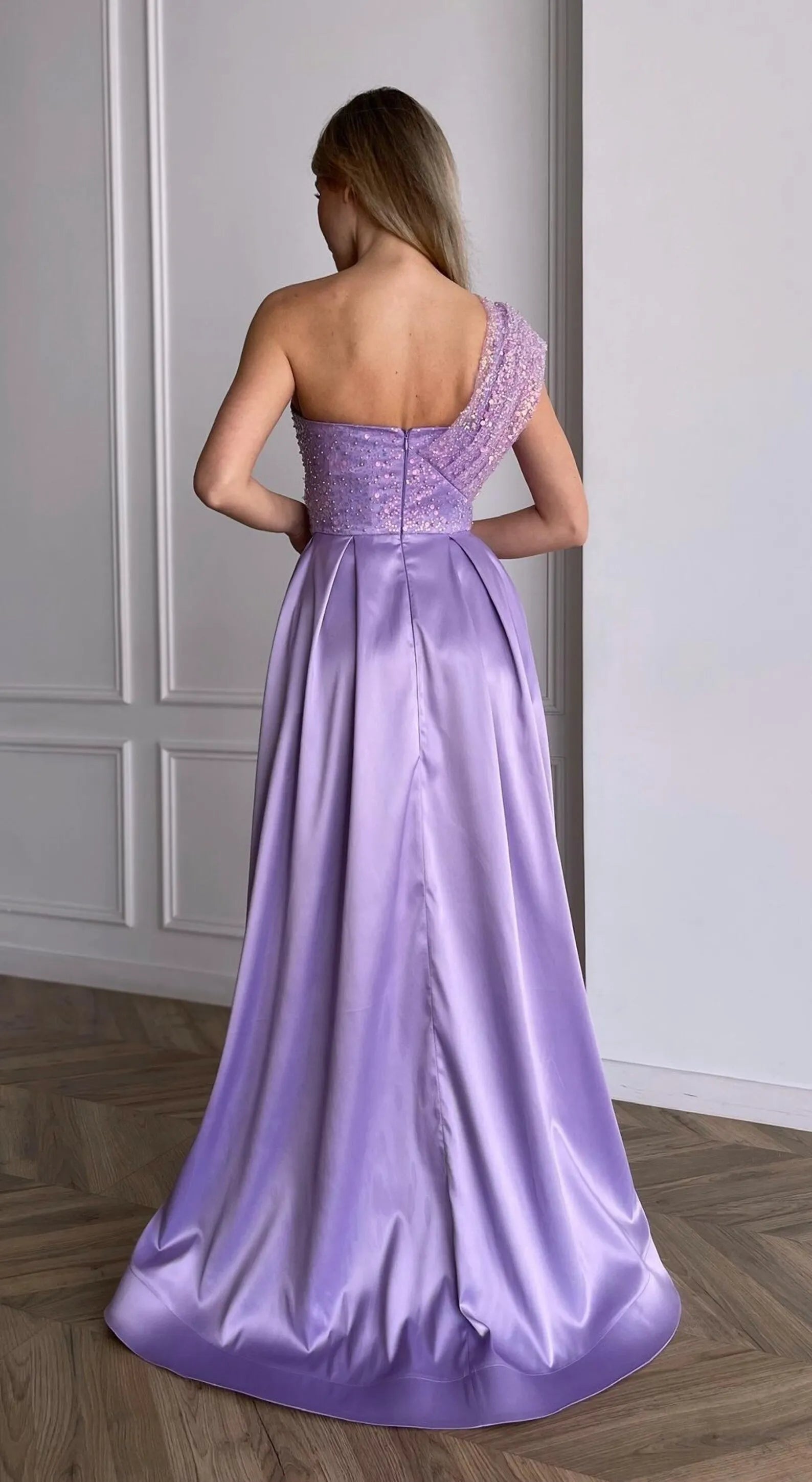 Stunning A-Line One-Shoulder Beaded Sequin Lavender Long Prom Dress With Pockets