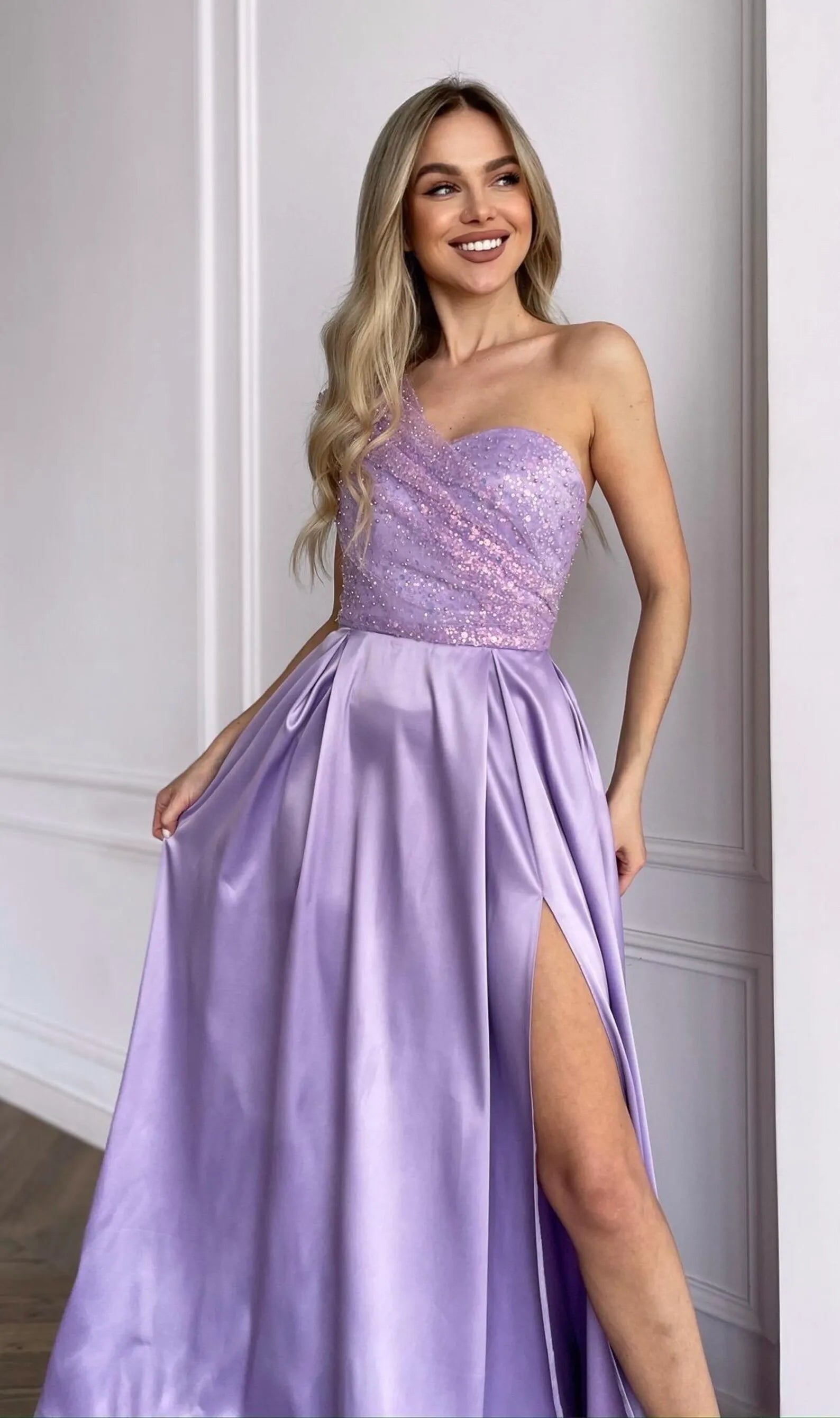 Stunning A-Line One-Shoulder Beaded Sequin Lavender Long Prom Dress With Pockets