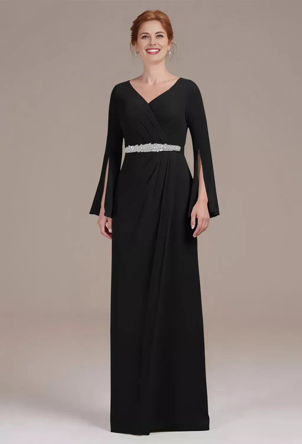 Stunning A-line V Neck Long Sleeves Pleated Chiffon Floor Length Mother of the Bride Dress