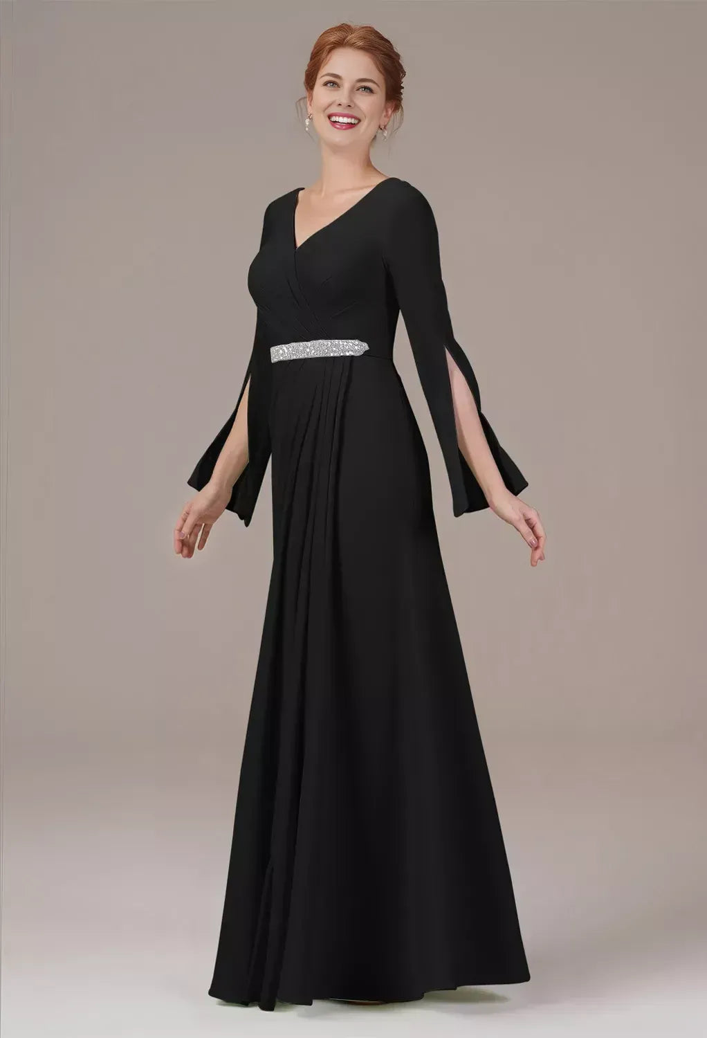 Stunning A-line V Neck Long Sleeves Pleated Chiffon Floor Length Mother of the Bride Dress