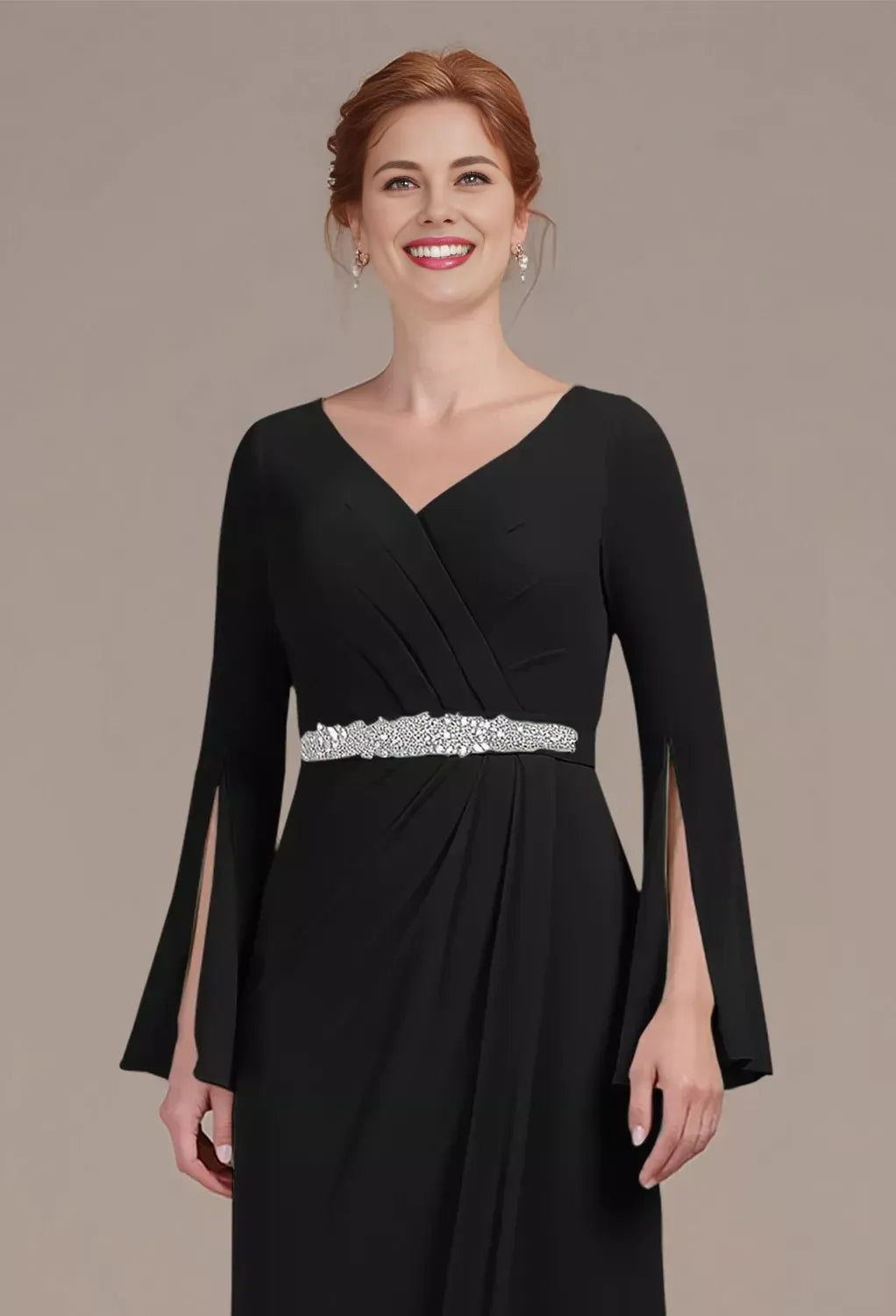 Stunning A-line V Neck Long Sleeves Pleated Chiffon Floor Length Mother of the Bride Dress