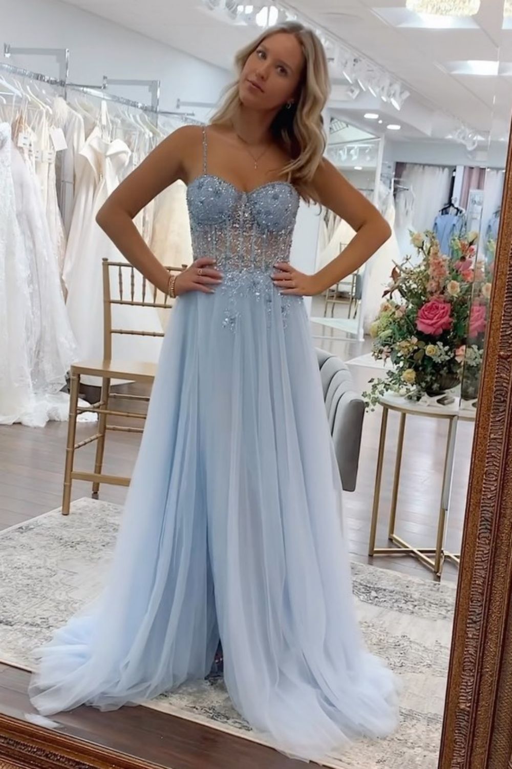 Weitese Stunning A Line Blue Spaghetti Straps Long Tulle Prom Dress with Beading