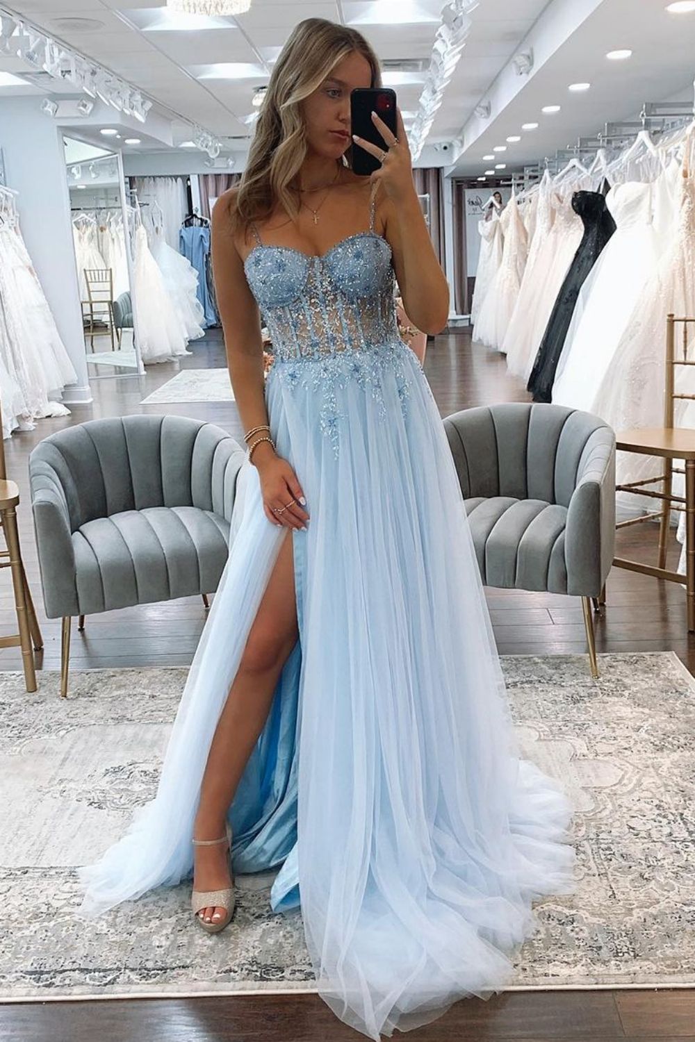 Weitese Stunning A Line Blue Spaghetti Straps Long Tulle Prom Dress with Beading