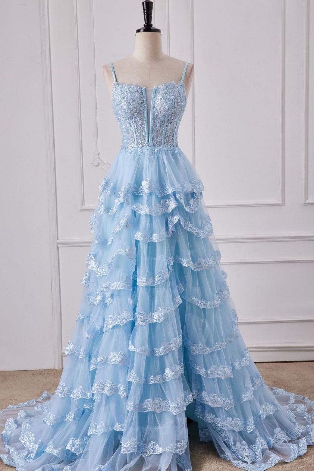 Weitese Stunning Light Blue Spaghetti Straps A-Line Long Tiered Prom Dress With Appliques