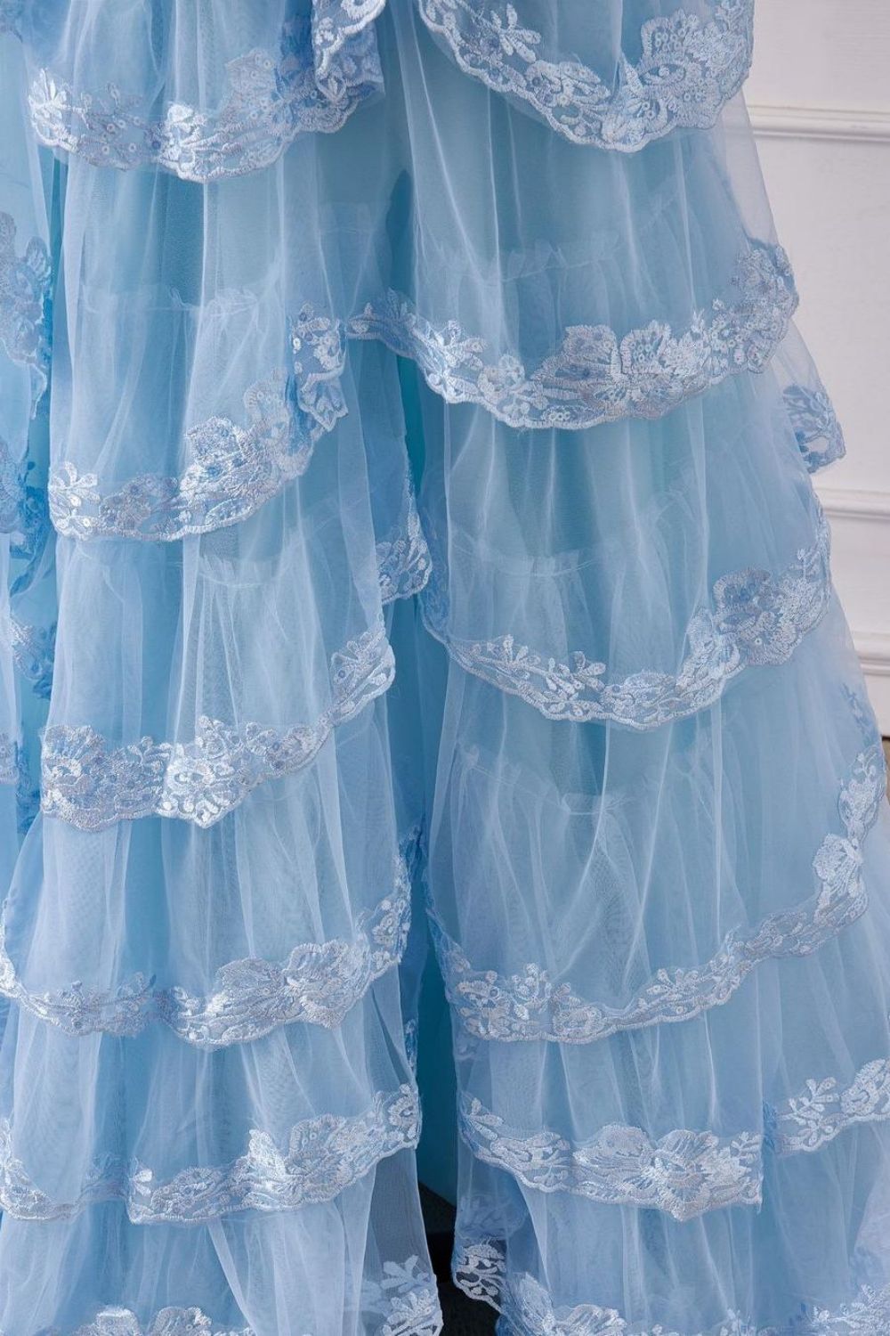 Weitese Stunning Light Blue Spaghetti Straps A-Line Long Tiered Prom Dress With Appliques