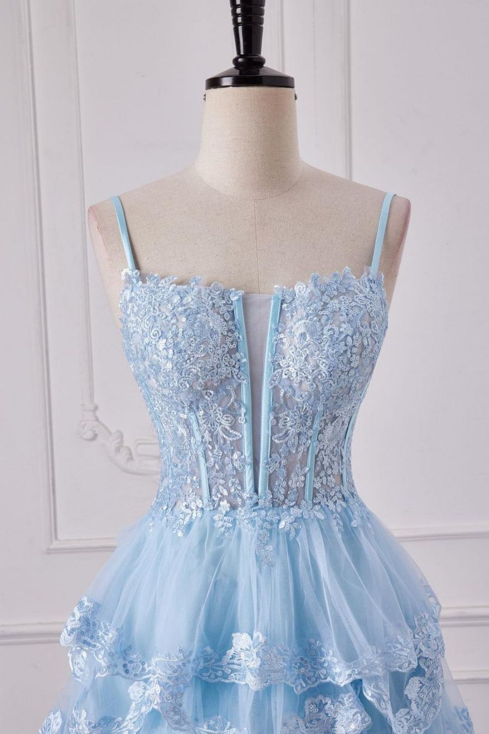 Weitese Stunning Light Blue Spaghetti Straps A-Line Long Tiered Prom Dress With Appliques