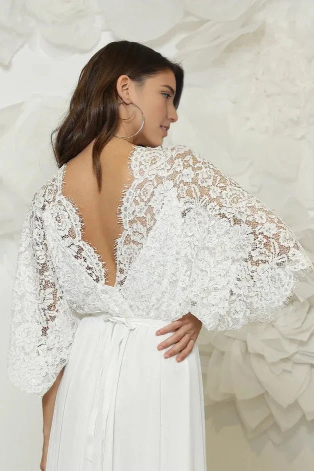 Stunning Modern Lace Wedding Dress Cool And Comfortable Wedding Dress With Butterfly Sleeves Handmade From Soft Lace A-line V Neck