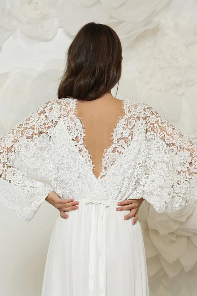 Stunning Modern Lace Wedding Dress Cool And Comfortable Wedding Dress With Butterfly Sleeves Handmade From Soft Lace A-line V Neck