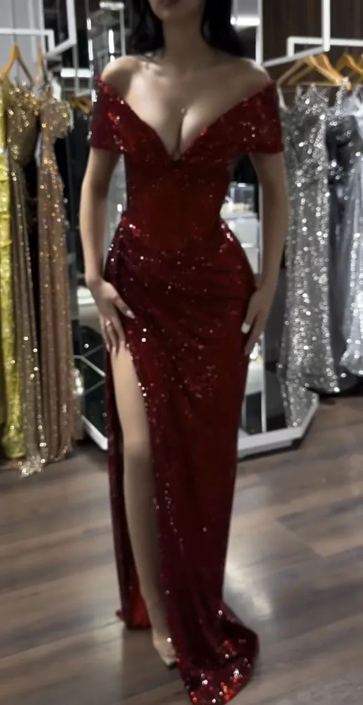 Stunning Off The Shoulder Sleeveless A-Line Slit Sequins Floor Length Party Dress