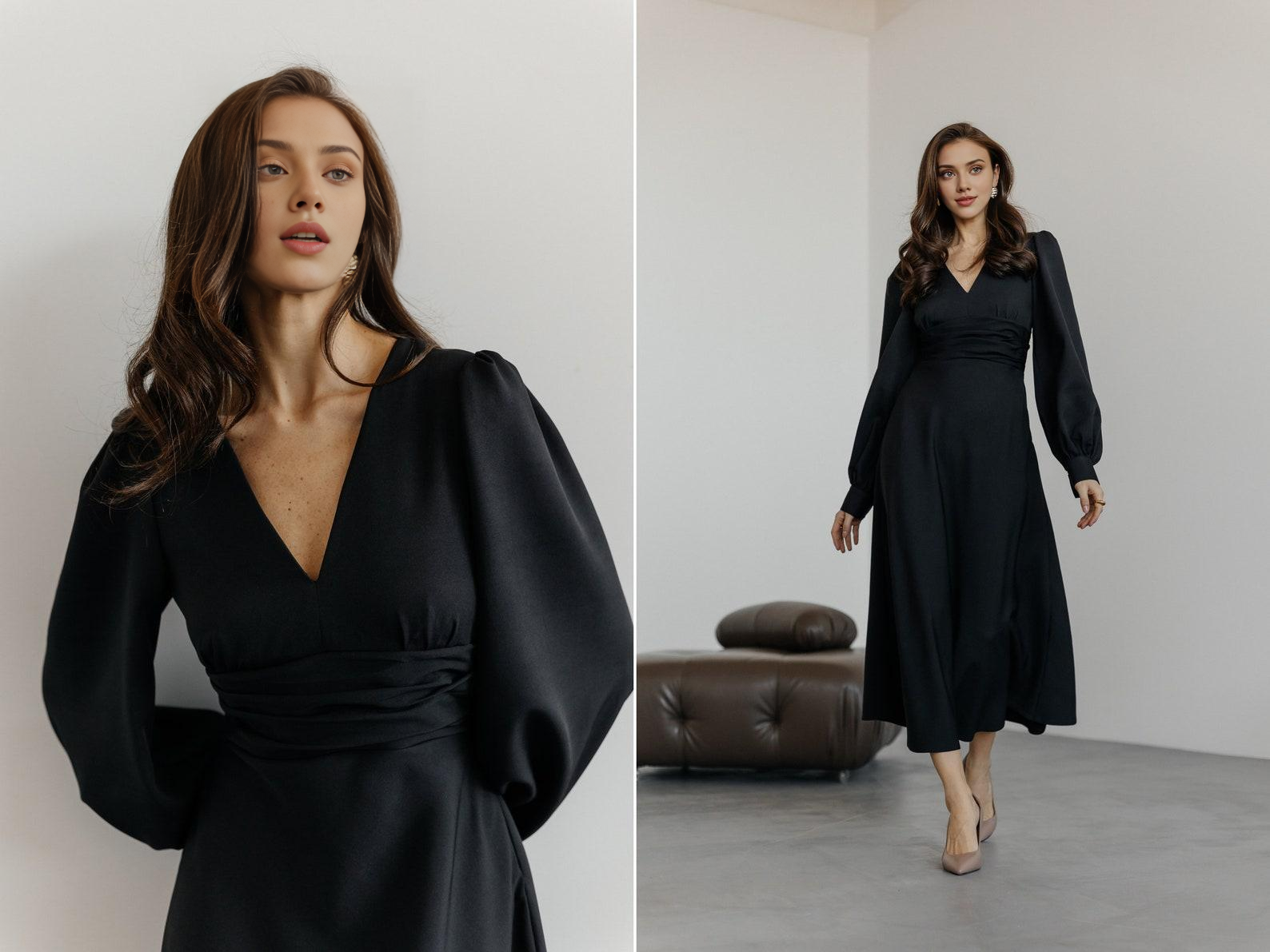 Impresionante vestido de fiesta rojo con escote en V y mangas abullonadas, vestido de noche de corte A hasta la rodilla, vestido de novia rojo, vestido de graduación, vestido de cóctel rojo. 