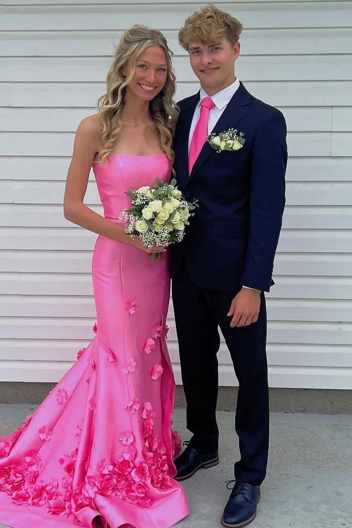 Stunning Strapless Sleeveless Mermaid Satin Appliques Long Prom Dress
