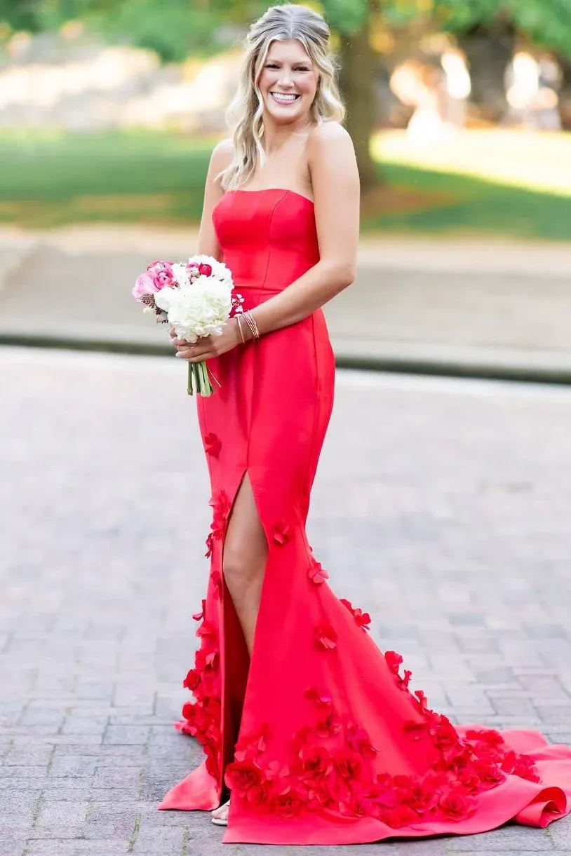 Stunning Strapless Sleeveless Mermaid Satin Appliques Long Prom Dress