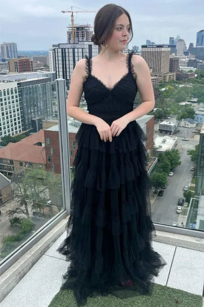 Stunning V-Neck Sleeveless Empire A-Line Tulle Tiered Long Prom Dress