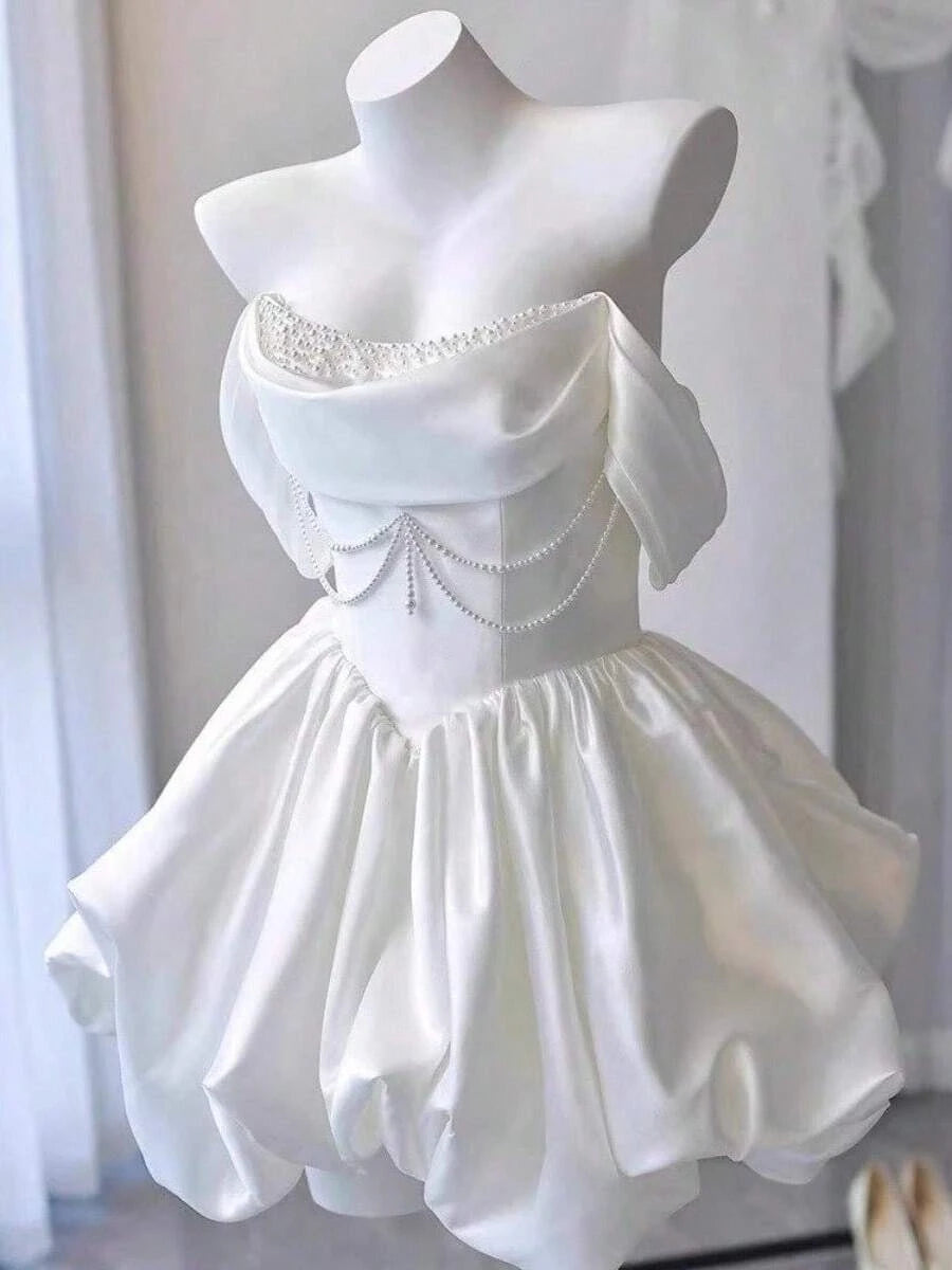 Stunning A-Line Off-Shoulder Beaded Satin White Short Homecoming Dress With Bubble Hem