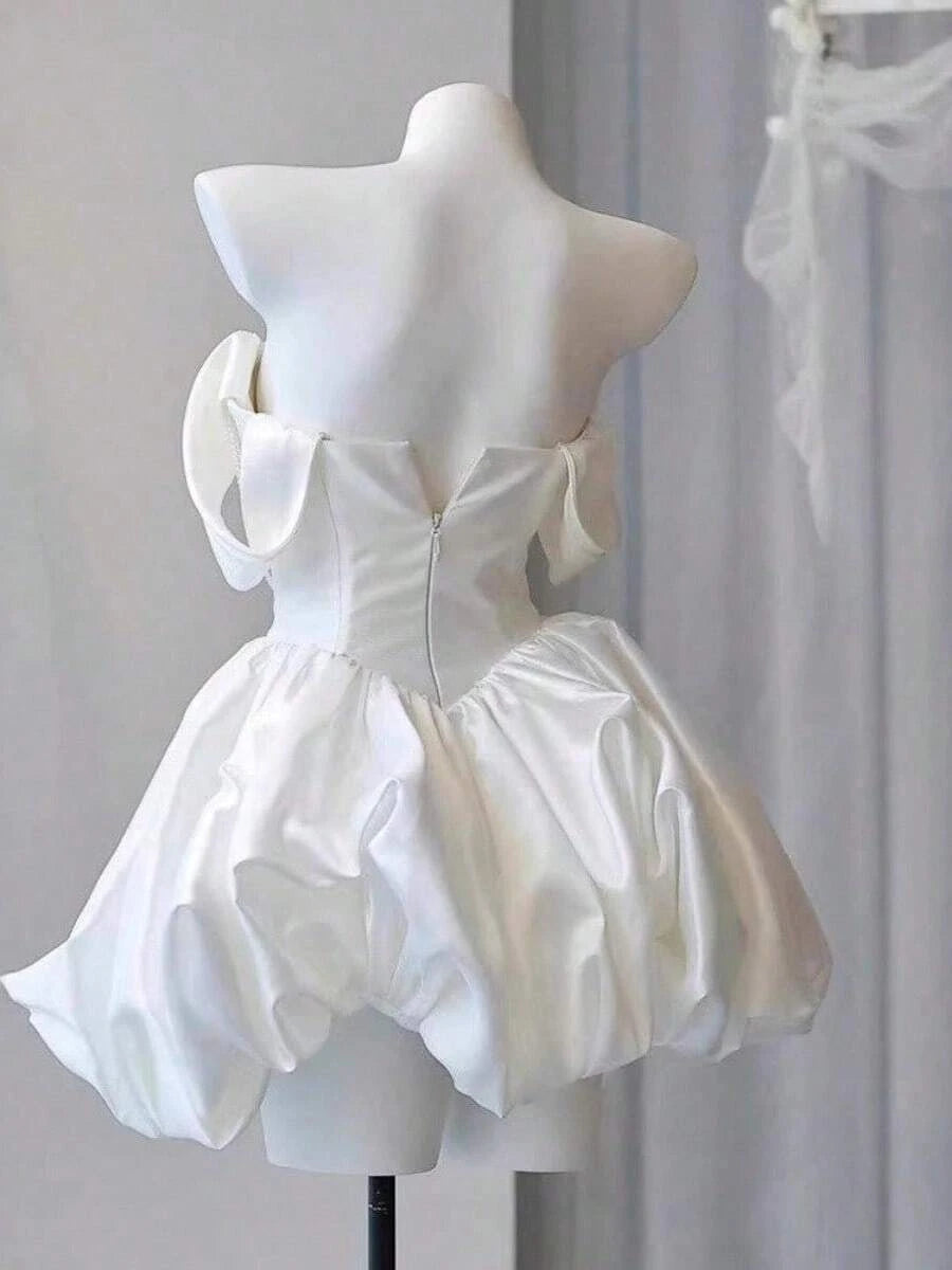 Stunning A-Line Off-Shoulder Beaded Satin White Short Homecoming Dress With Bubble Hem