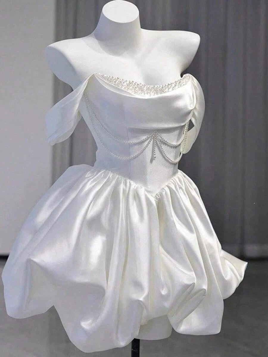 Stunning A-Line Off-Shoulder Beaded Satin White Short Homecoming Dress With Bubble Hem