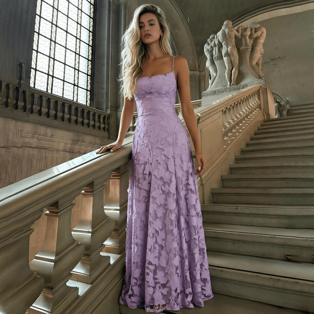 Stunning A-Line Spaghetti Strap Floral Applique Backless Lavender Floor-Length Prom Dress