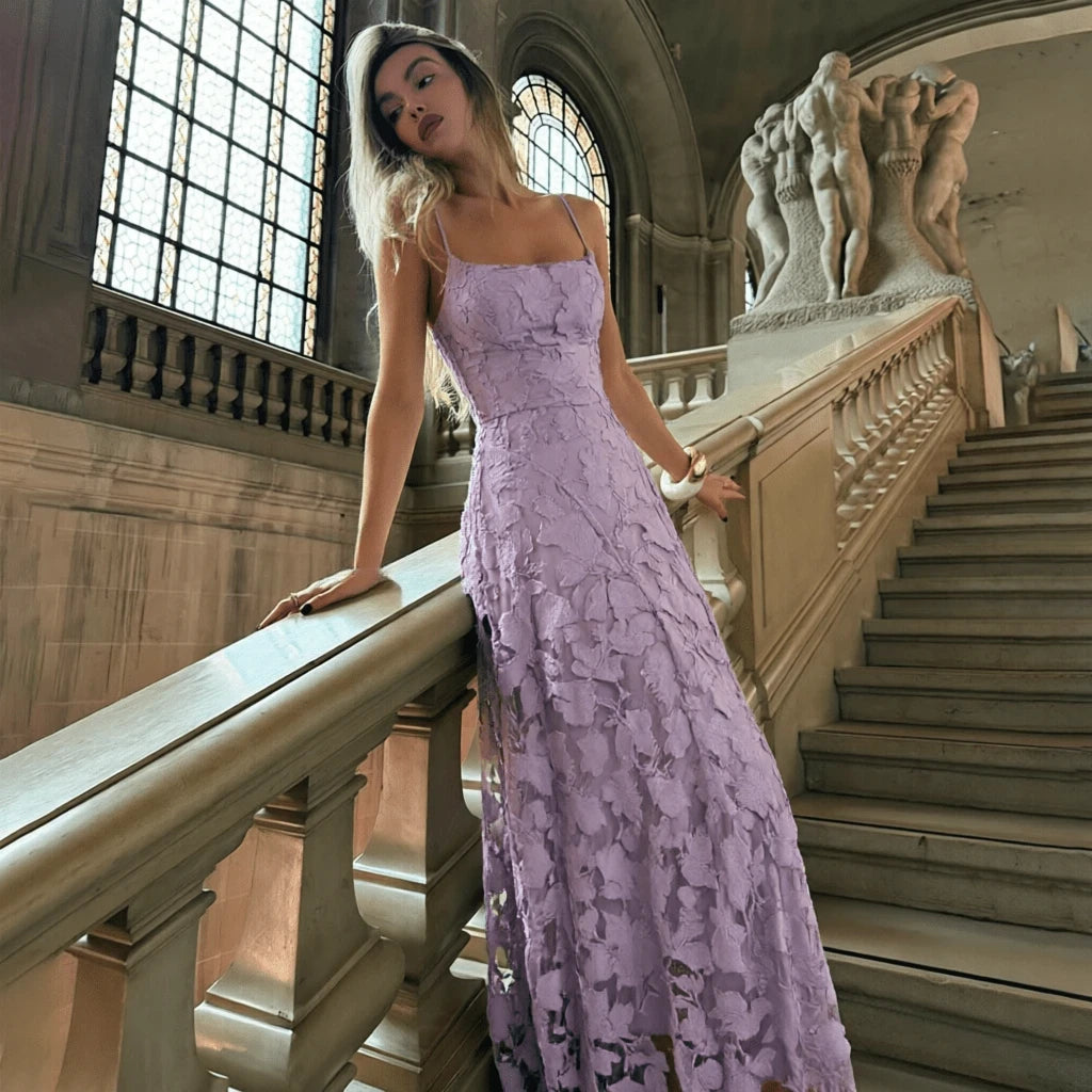 Stunning A-Line Spaghetti Strap Floral Applique Backless Lavender Floor-Length Prom Dress