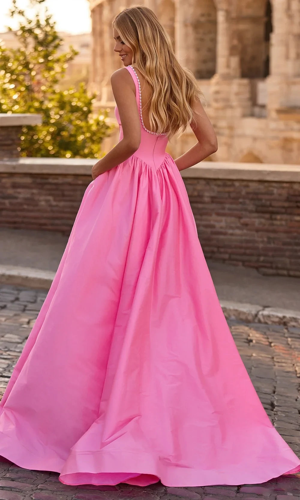 Stunning A-Line Square Neck Pearl Slit Hot Pink Floor-Length Prom Dress With Pockets
