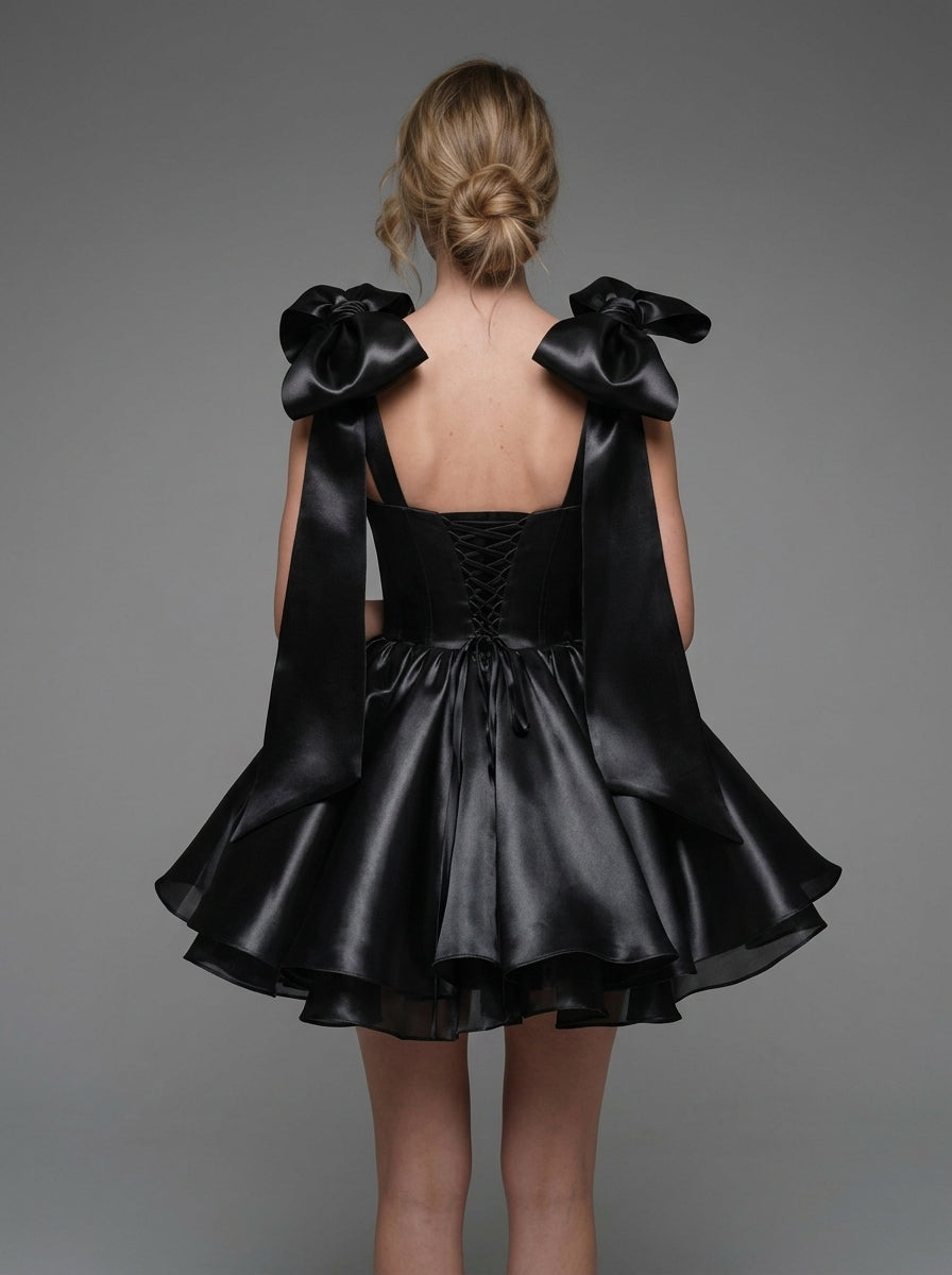 Stunning A-Line Sweetheart Bow Shoulder Ruffled Black Mini Homecoming Dress