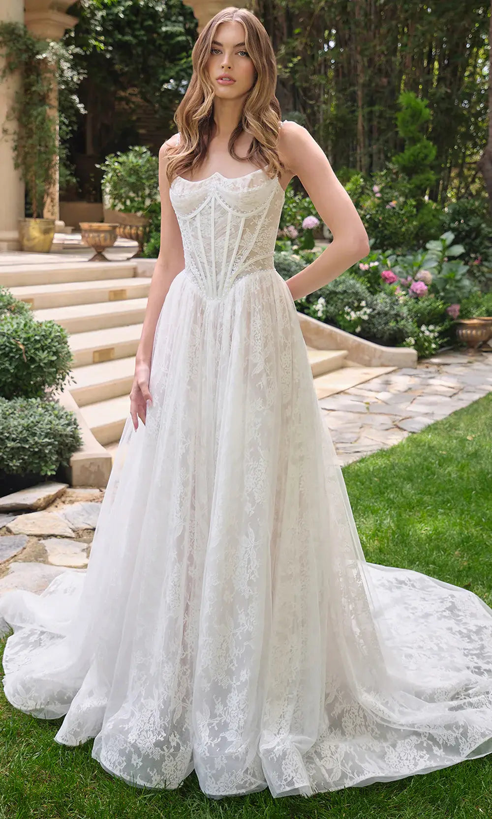 Stunning A-Line Sweetheart Corset Lace Applique Off-White Wedding Dress With Sweep Train