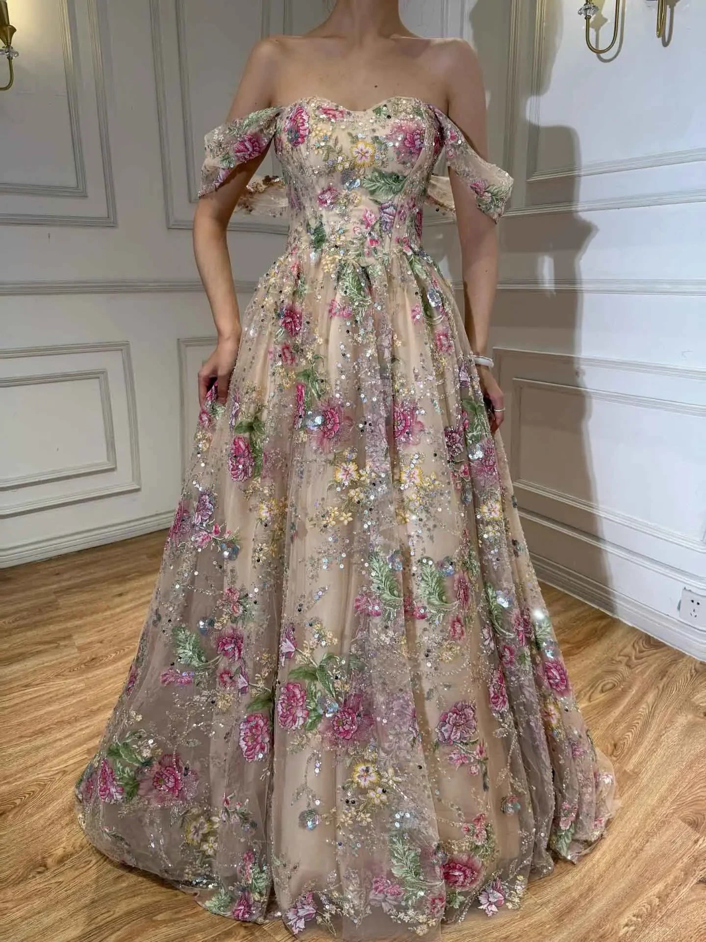 Stunning A-Line Sweetheart Off-Shoulder Floral Sequin Floor-Length Prom Dress