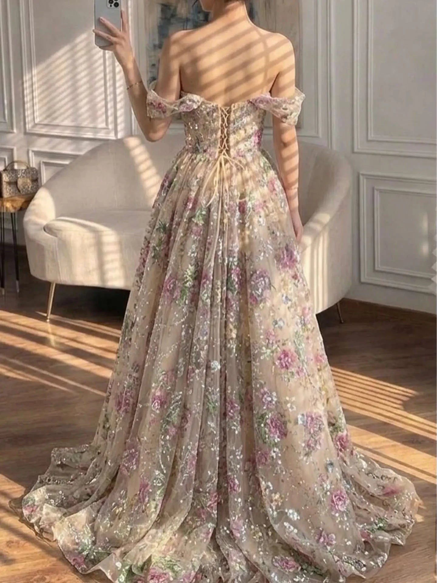 Stunning A-Line Sweetheart Off-Shoulder Floral Sequin Floor-Length Prom Dress