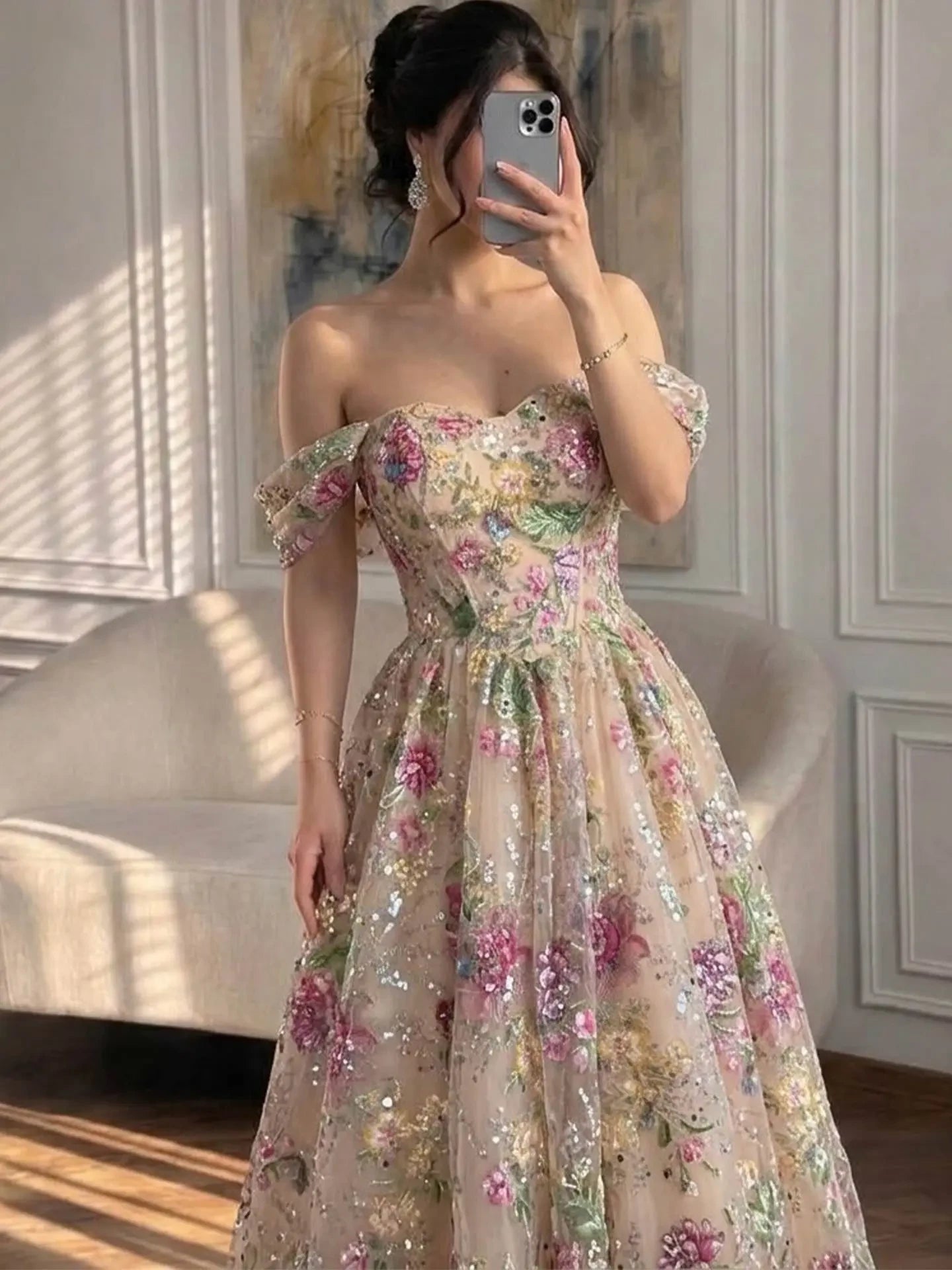 Stunning A-Line Sweetheart Off-Shoulder Floral Sequin Floor-Length Prom Dress