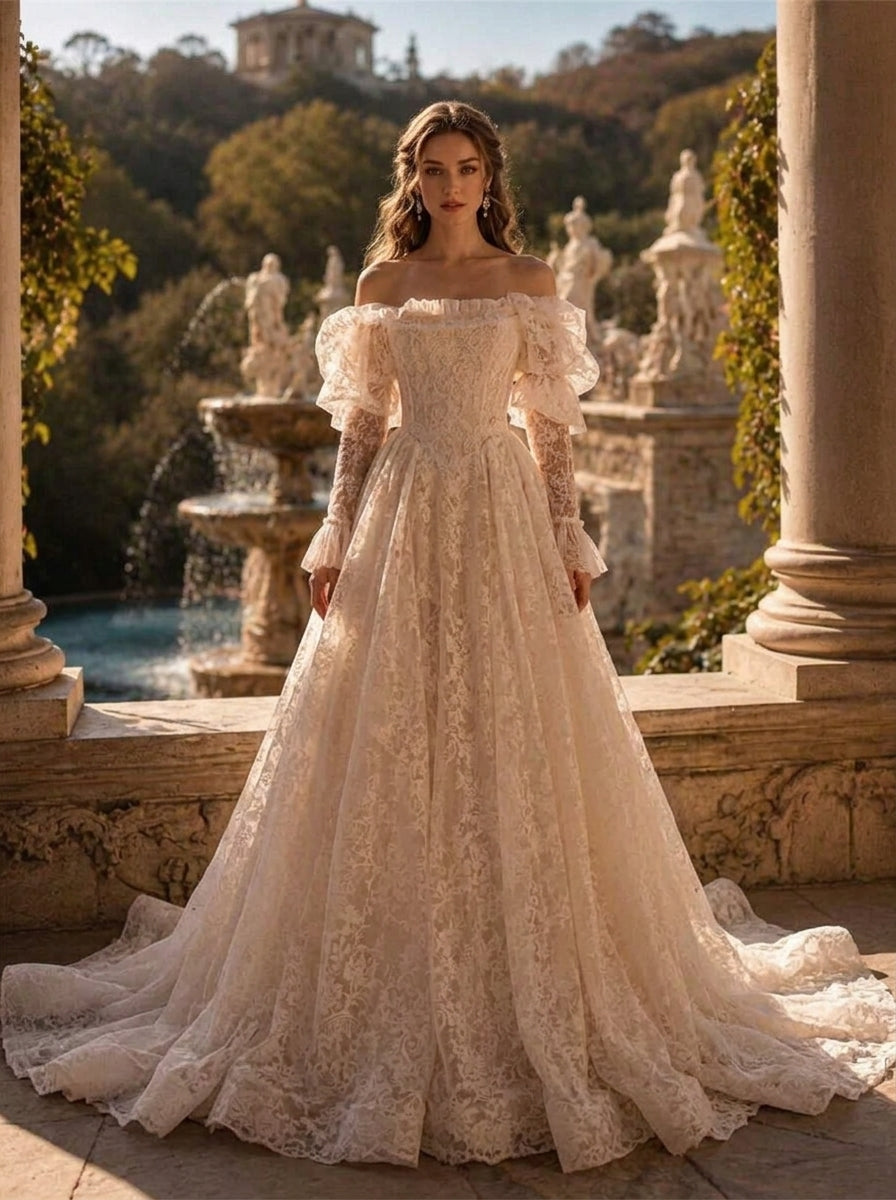 Stunning Ball Gown Sweetheart Long Sleeve Ruffled Lace Ivory Wedding Dress With Sweep Train