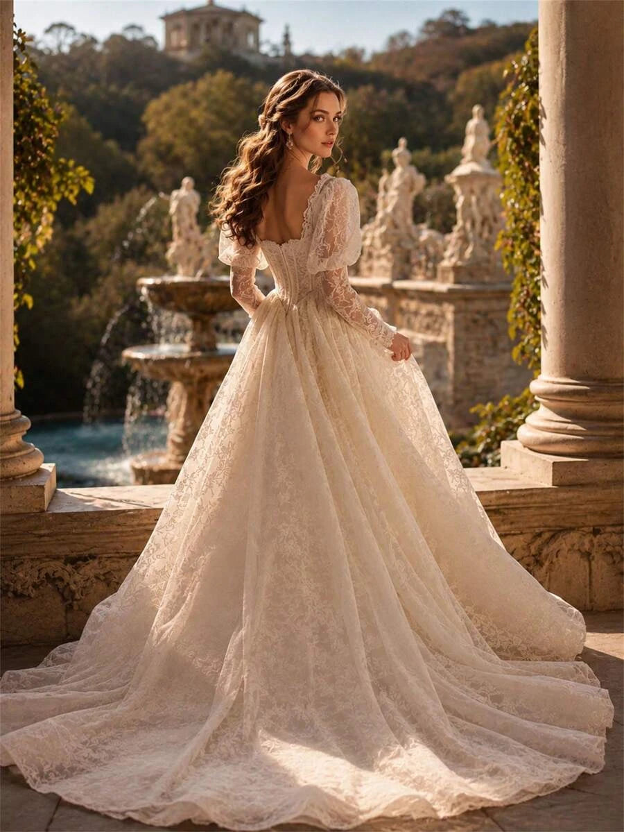 Stunning Ball Gown Sweetheart Long Sleeve Ruffled Lace Ivory Wedding Dress With Sweep Train
