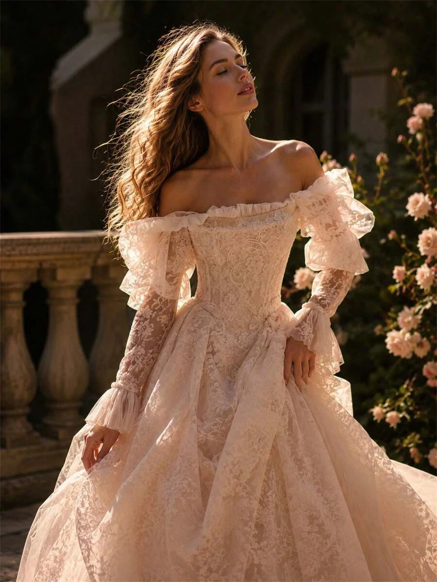 Stunning Ball Gown Sweetheart Long Sleeve Ruffled Lace Ivory Wedding Dress With Sweep Train