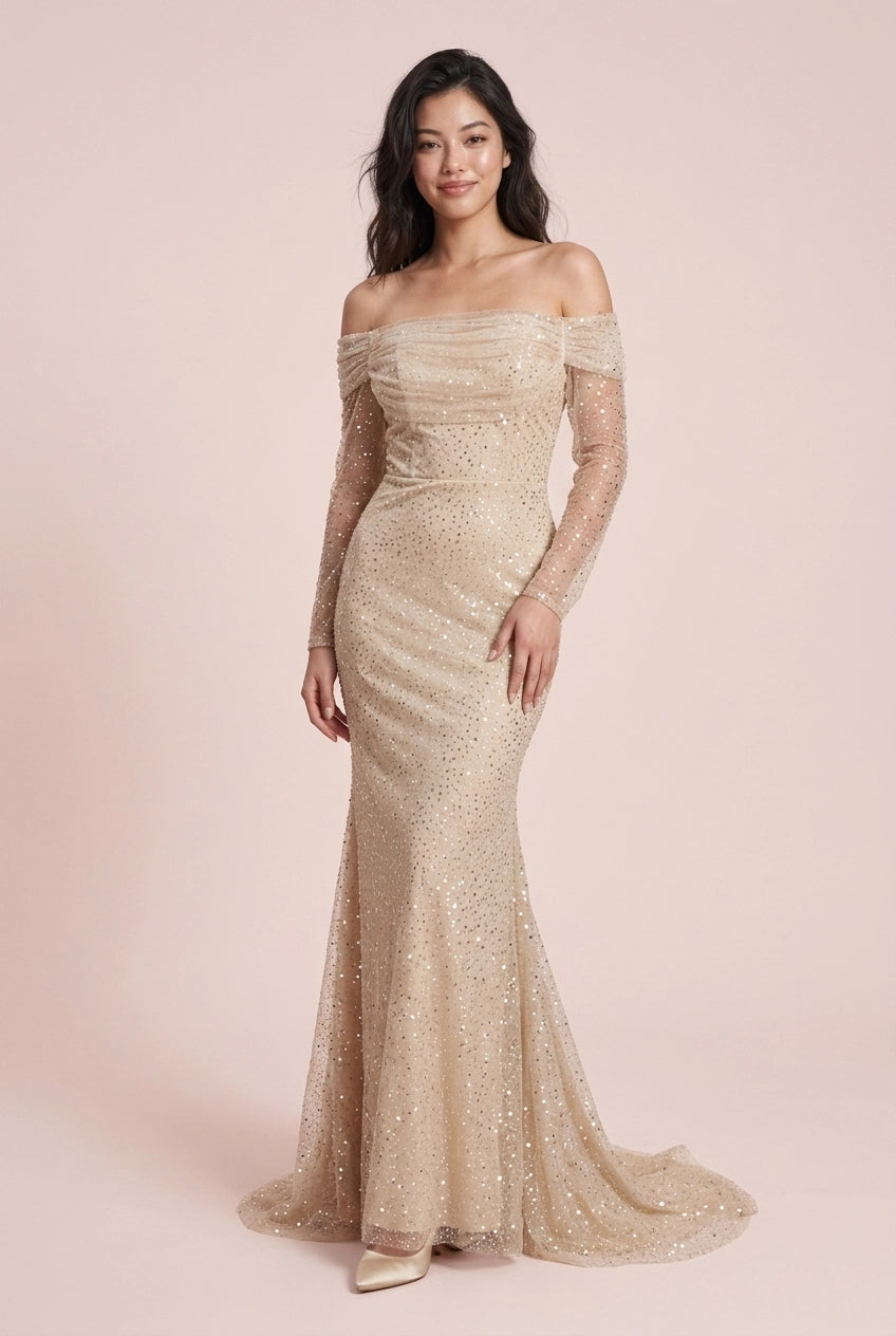 Stunning Mermaid Off-Shoulder Long Sleeve Ruched Glittering Champagne Floor-Length Prom Dress