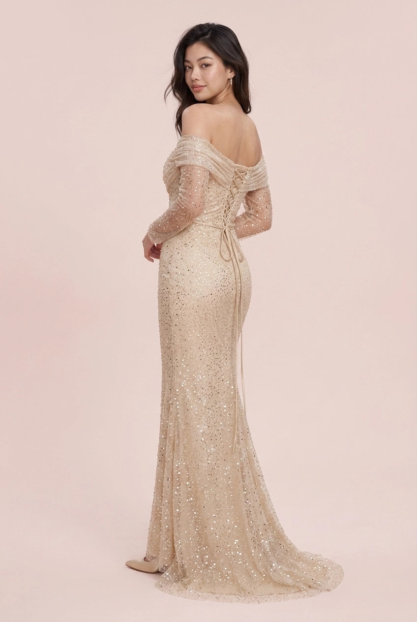 Stunning Mermaid Off-Shoulder Long Sleeve Ruched Glittering Champagne Floor-Length Prom Dress