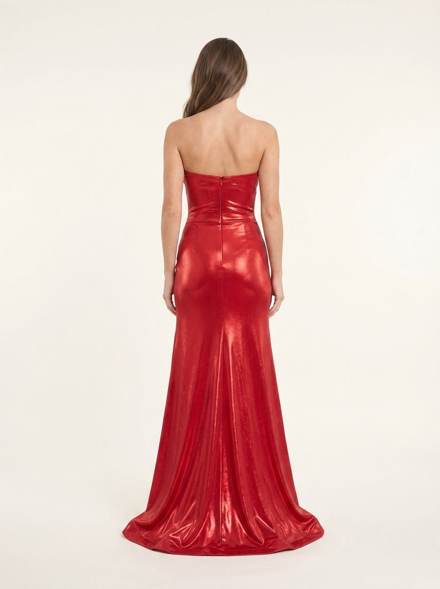 Stunning Mermaid Plunging V-Neck Beaded Red Floor-Length Prom Dress With High Slit