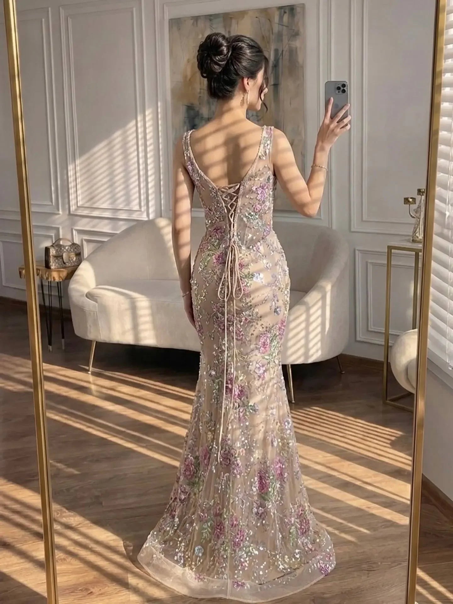 Stunning Mermaid Square Neck Floral Sequin Nude Sweep Train Prom Dress