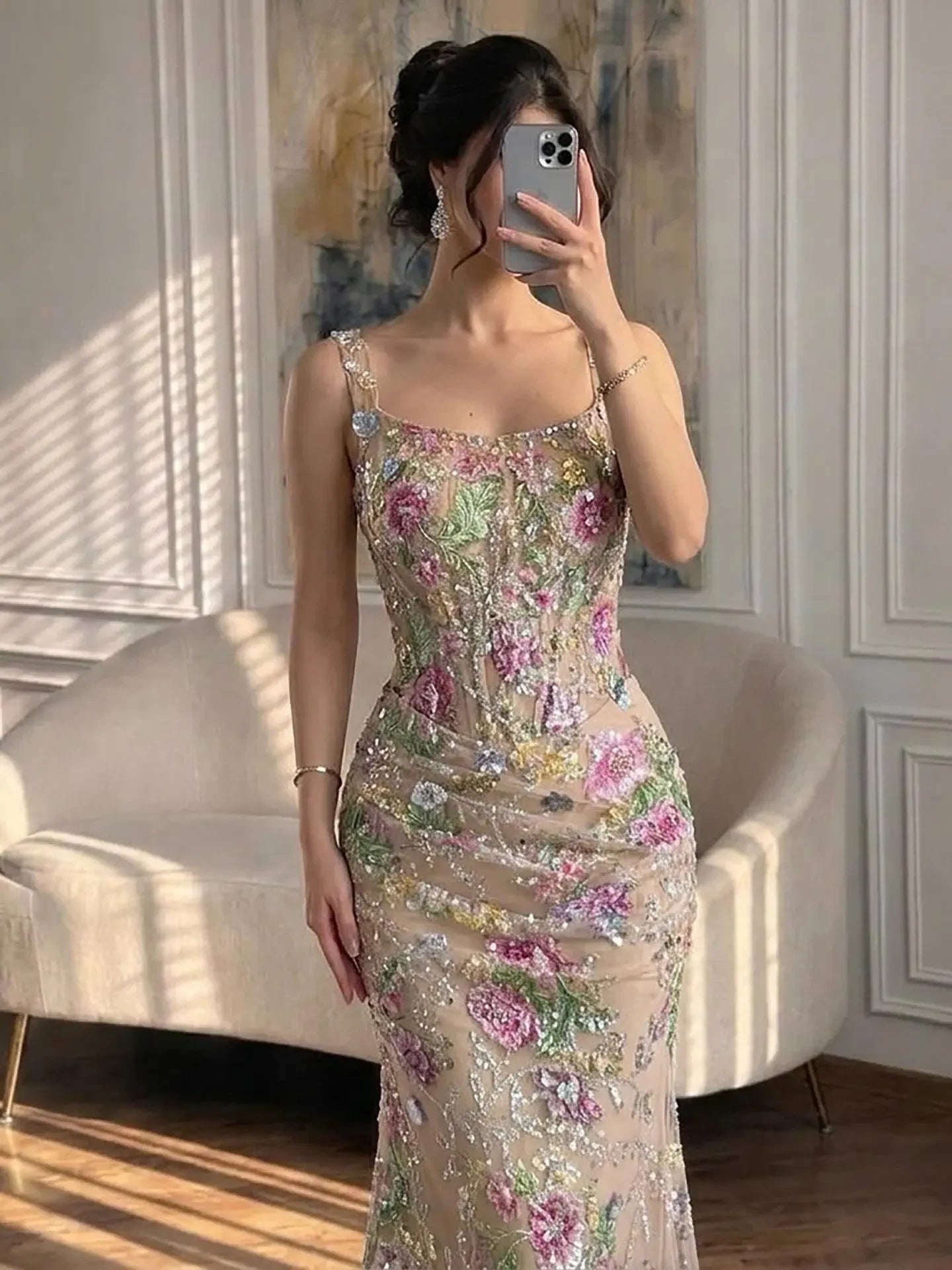 Stunning Mermaid Square Neck Floral Sequin Nude Sweep Train Prom Dress