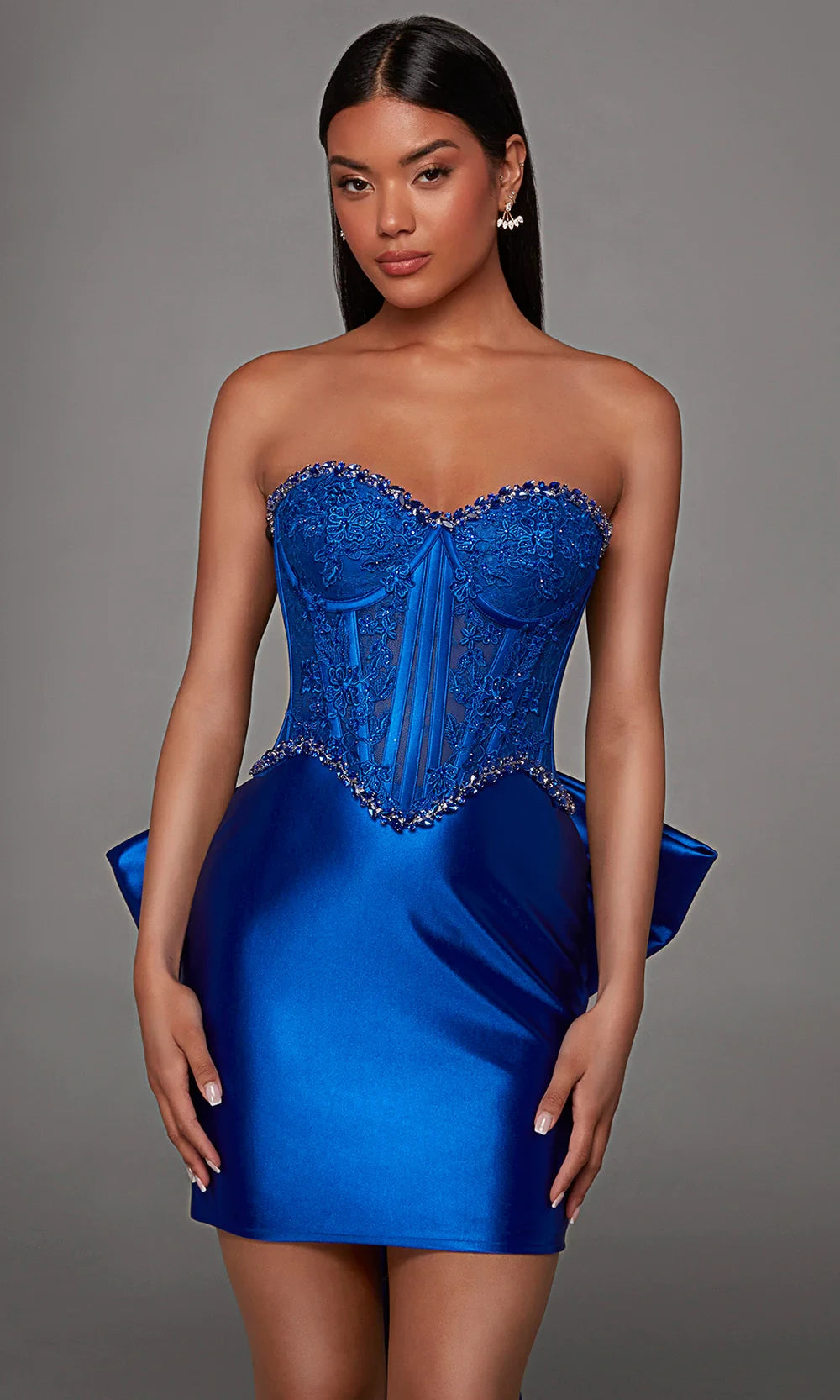 Stunning Sheath Strapless Corset Embroidered Bow Back Royal Blue Mini Homecoming Dress
