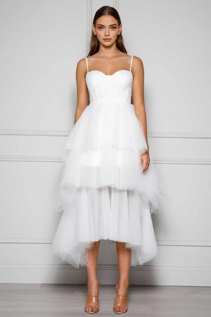 Stylish A-Line Spaghetti Straps Sleeveless Tulle Tea-Length Wedding Dress