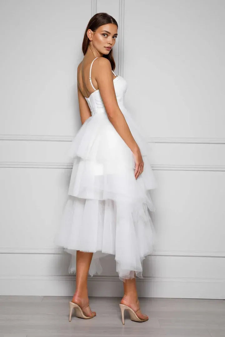 Stylish A-Line Spaghetti Straps Sleeveless Tulle Tea-Length Wedding Dress