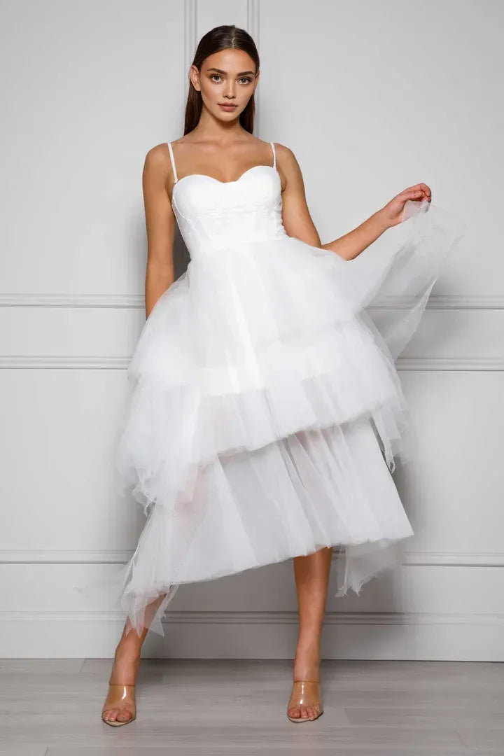 Stylish A-Line Spaghetti Straps Sleeveless Tulle Tea-Length Wedding Dress