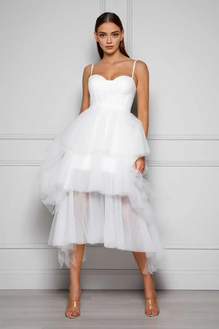 Stylish A-Line Spaghetti Straps Sleeveless Tulle Tea-Length Wedding Dress