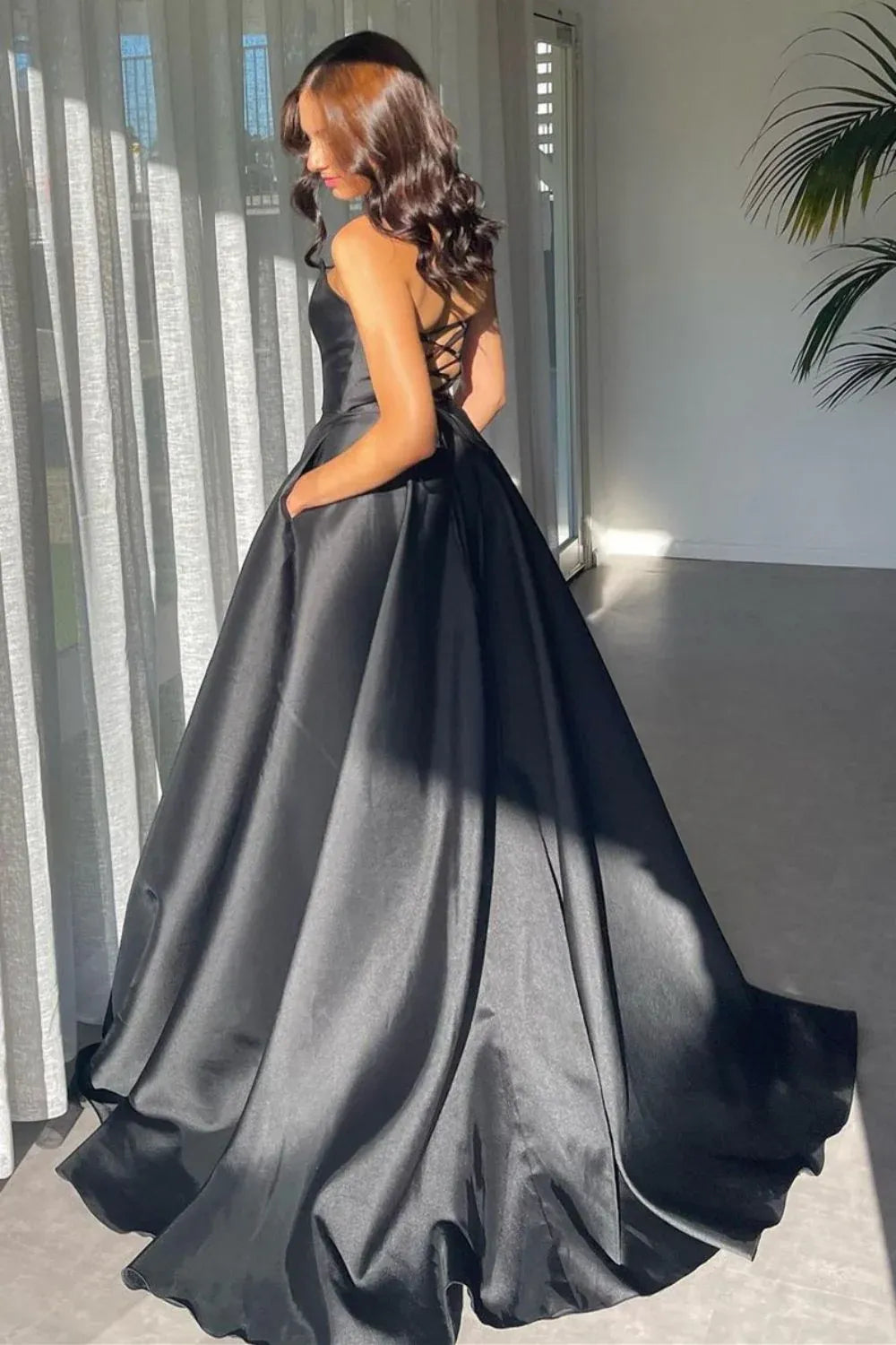 Stylish A Line Deep V Neck Satin Split Floor-Length Prom Dress