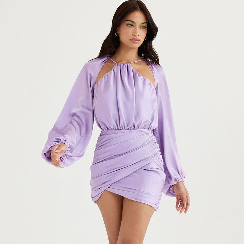 Stylish Bodycon Halter Long Sleeves Ruched Backless Lavender Mini Homecoming Dress
